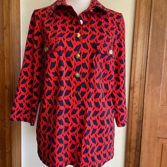 ELIZABETH MCKAY Chain Link Red Blue Pull Over Button Elbow Sleeve Top M - Picture 1 of 17